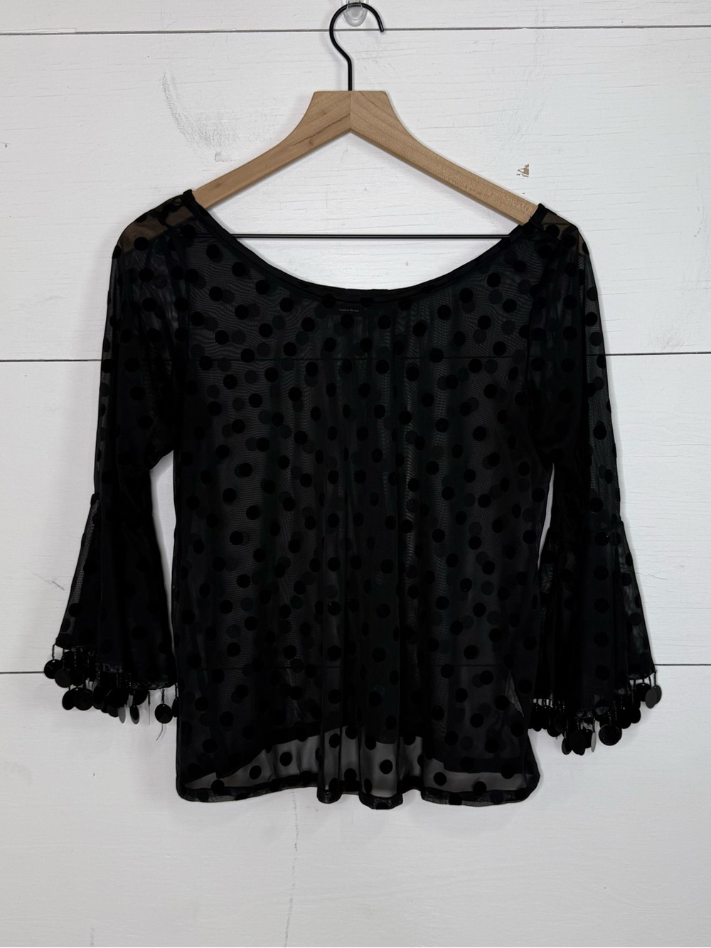 Basically Me • Black Sheer Polka Dot Blouse with Trim Size Large